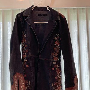 Elements by Vakko Long Denium Jacket with Buckskin Trim and Embroidery